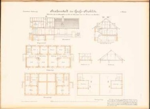 Gefängnis, Groß-Strehlitz: Wohnhaus: Rückansicht, 4 Schnitte, Grundrisse EG, KG, DG