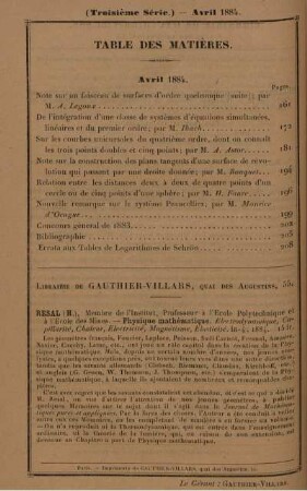 Table des matières. Avril 1884.