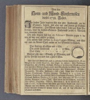 Von den Sonn- und Mond-Finsternissen diese 1738. Jahrs.