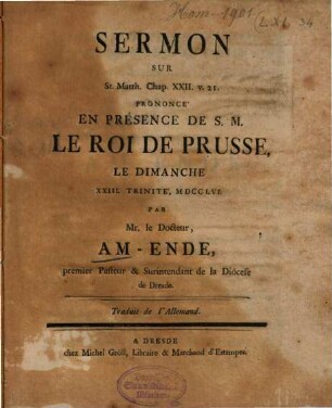 Sermon sur S. Matth., Chap. XXII v. 21 prononcé ... le dimanche XXIII trinité