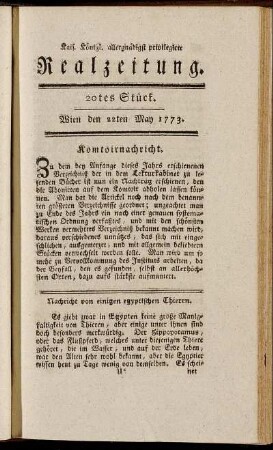 20tes Stück. Wien den 22ten May 1773.