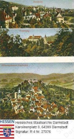 Bergstraße/Odenwald, Ansichtskarte / v.oben n.unten: Ansicht von Bensheim, Schloss Schönberg und Lindenfels im Odenwald