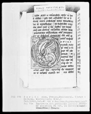 Psalter — Initiale D (OMINE exaudi), darin ein Drache, Folio 74verso