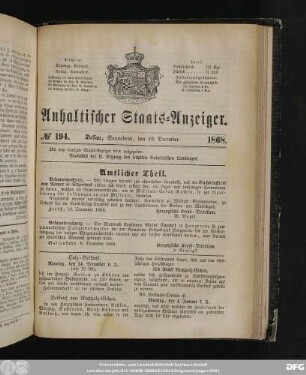 Anhaltischer Staats-Anzeiger : Dessauer neueste Nachrichten, No. 194. Dessau, Sonnabend, den 12. December 1868.