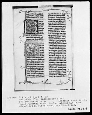 Lateinische Bibel, drei Bände — Initiale P (aulus) mit Paulus mit einem Juden disputierend, Folio 74verso