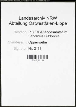 Sterberegister Standesamt Oppenwehe