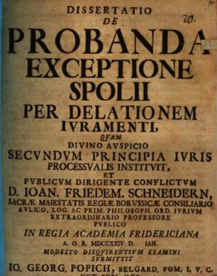 Dissertatio De Probanda Exceptione Spolii Per Delationem Ivramenti