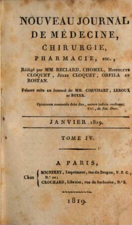 Nouveau journal de médecine, chirurgie, pharmacie. 4, 4. 1819