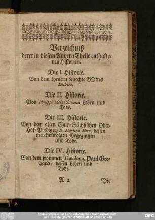 Verzeichniß derer in diesem Andern Theile enthaltenen Historien.