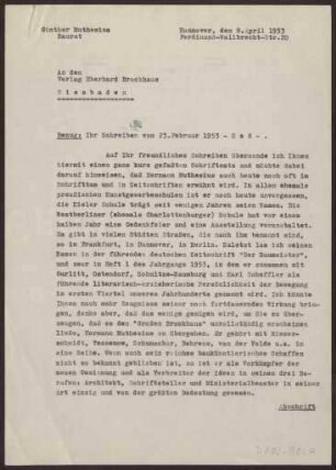 Schreiben an Verlag Eberhard Brockhaus, Wiesbaden (Brief)