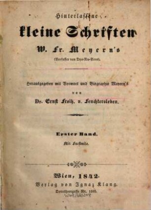 Hinterlassene kleine Schriften W. Fr. Meyern's, 1. Mit Facsimile