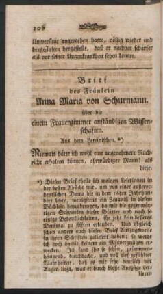 Brief des Fräulein Anna Maria von Schurmann, über die einem Frauenzimmer anständigen Wissenschaften.
