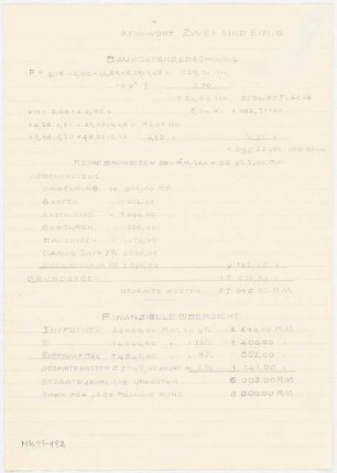 Zweifamilienhaus Monatskonkurrenz Februar 1930: Kostenrechnung