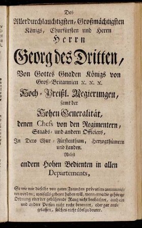 Des Allerdurchlauchtigsten, Großmächtigsten Königs, Churfürsten und Herrn Herrn Georg des Dritten,[...]