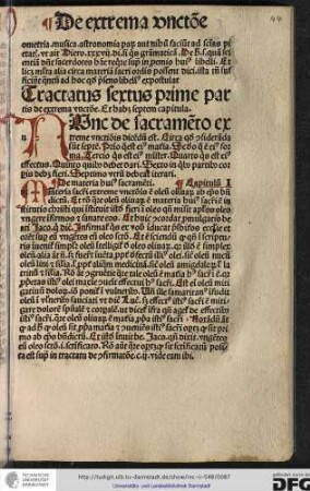 Tractatus sextus prime partis de extrema unctione, et habet septem capitula.