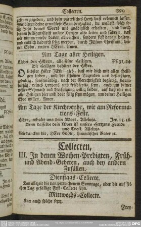 Collecten, III. In denen Wochen-Predigten, Früh- und Abend-Gebeten, auch bey andern Zufällen