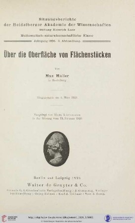 1926, 3. Abhandlung: Sitzungsberichte der Heidelberger Akademie der Wissenschaften, Mathematisch-Naturwissenschaftliche Klasse: Über die Oberfläche von Flächenstücken