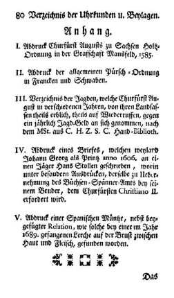 Verzeichnis der Uhrkunden und Beylagen. Anhang.