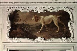 Hund, ein Fasanenpaar am Nistplatz aufstöbernd