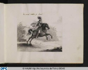 [Reiter mit Lanze und Helm auf aufsteigendem Pferd]