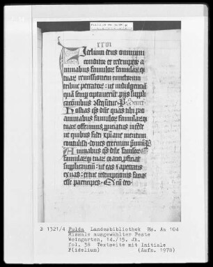 Missale ausgewählter Feste — Initiale F(idelium), Folio 38recto