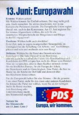 Propagandaflugblatt der PDS zur Europawahl 1999