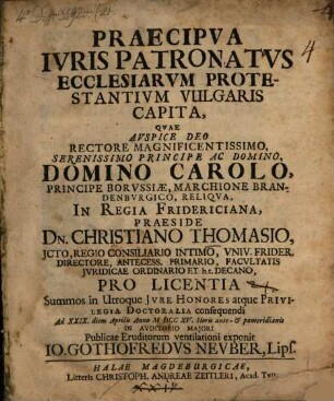 Praecipva Ivris Patronatvs Ecclesiarvm Protestantivm Vulgaris Capita
