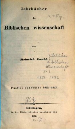 Jahrbücher der biblischen Wissenschaft. 5. 1852/53