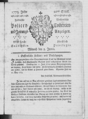 22tes Stück, Ausgabe vom 2. Junii 1773