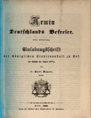 Einladungsschrift der Königlichen Studienanstalt zu Hof am Schlusse des Jahres .... 1859/60 (1860)