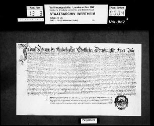 Instrumentum protestationis wegen der Atzung der Jäger und anderer Grerechtigkeiten des Klosters Bronnbach.