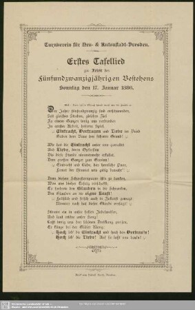 Erstes Tafellied zur Feier des Fünfundzwangzigjährigen Bestehens : Sonntag den 17. Januar 1886