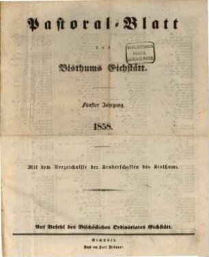 Pastoralblatt : Amtsblatt des Bistums Eichstätt. 5. 1858