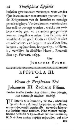 Epistola III. ad Virum & Prophetam Dei Johannem III. Zachariæ Filium