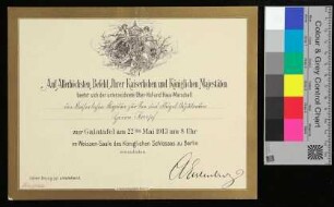 Einladung zur Galatafel am 22.05.1913