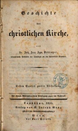 Handbuch der christlichen Kirchengeschichte, 1,2. Geschichte der christlichen Kirche