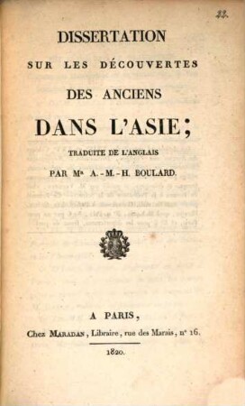 Dissertation sur les découvertes des anciens dans l'Asie