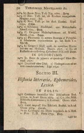 70-82, Sectio III. Historia litteraria, Ephemerides, Lexica.