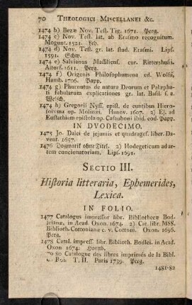 70-82, Sectio III. Historia litteraria, Ephemerides, Lexica.