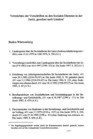 297-316, Verzeichnis der Vorschriften zu den Sozialen Dienste in der Justiz, geordnet nach Ländern