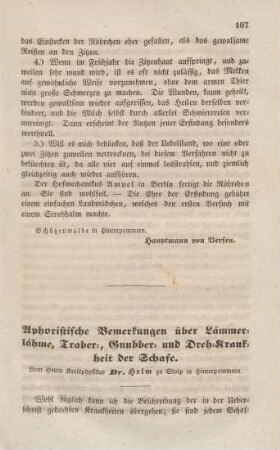 Aphoristische Bemerkungen über Lämmerlähme, Traber-, Gnubber- und Dreh-Krankheit der Schafe.