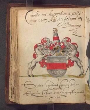Carl Tas/Tassis?, Bologna, 1587-02-17: Widm. (lat.), Gedicht (lat., 2 Verse), Sentenz (frz.)