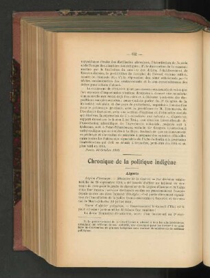 Chronique de la politique indigène.