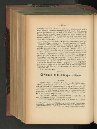 Chronique de la politique indigène.