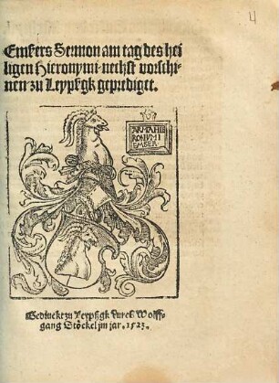 Emßers Sermon am Tag des heiligen Hieronymi, nechst vorschinen, zu Leypßgk geprediget