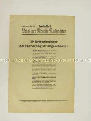 Sonderblatt der "Leipziger Neuesten Nachrichten" mit Kurzmeldungen von verschiedenen Kriegsschauplätzen u.a. über die britische Bombardierung westdeutschen Gebietes, besonders von Krefeld