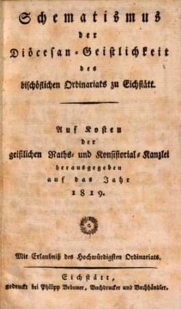 Schematismus der Diözese Eichstätt. 1819, 1819
