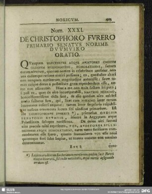 Num. XXXI. De Christophoro Furero Primario Senatus Norimb. Duumviro Oratio