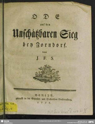 Ode auf den unschätzbaren Sieg bey Zorndorf