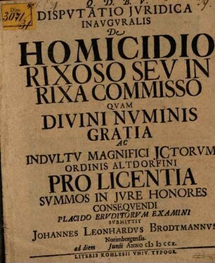 Dispvtatio Jvridica Inavgvralis De Homicidio Rixoso Sev In Rixa Commisso
